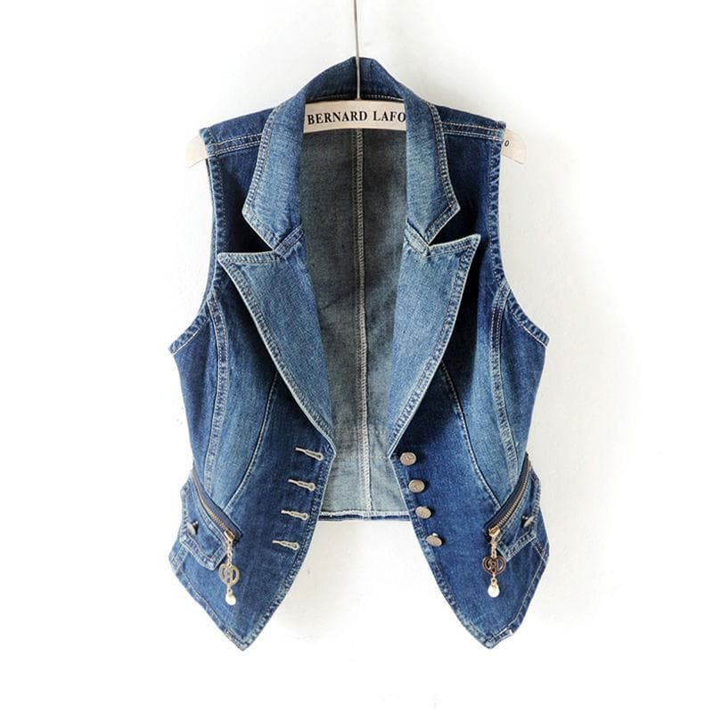Women Denim Vest Spring Autumn suit collar pocket Sleeveless Slim Jacket Coat tops Outerwear M blue