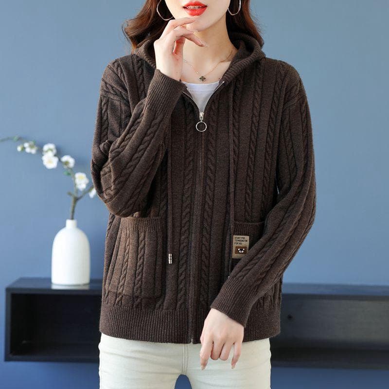 Fashion Korean Cardigan Sweater Jacket Women Hooded Loose Zipper Sweater Female Elegant Knitwear Overcoat Tops XS coffee