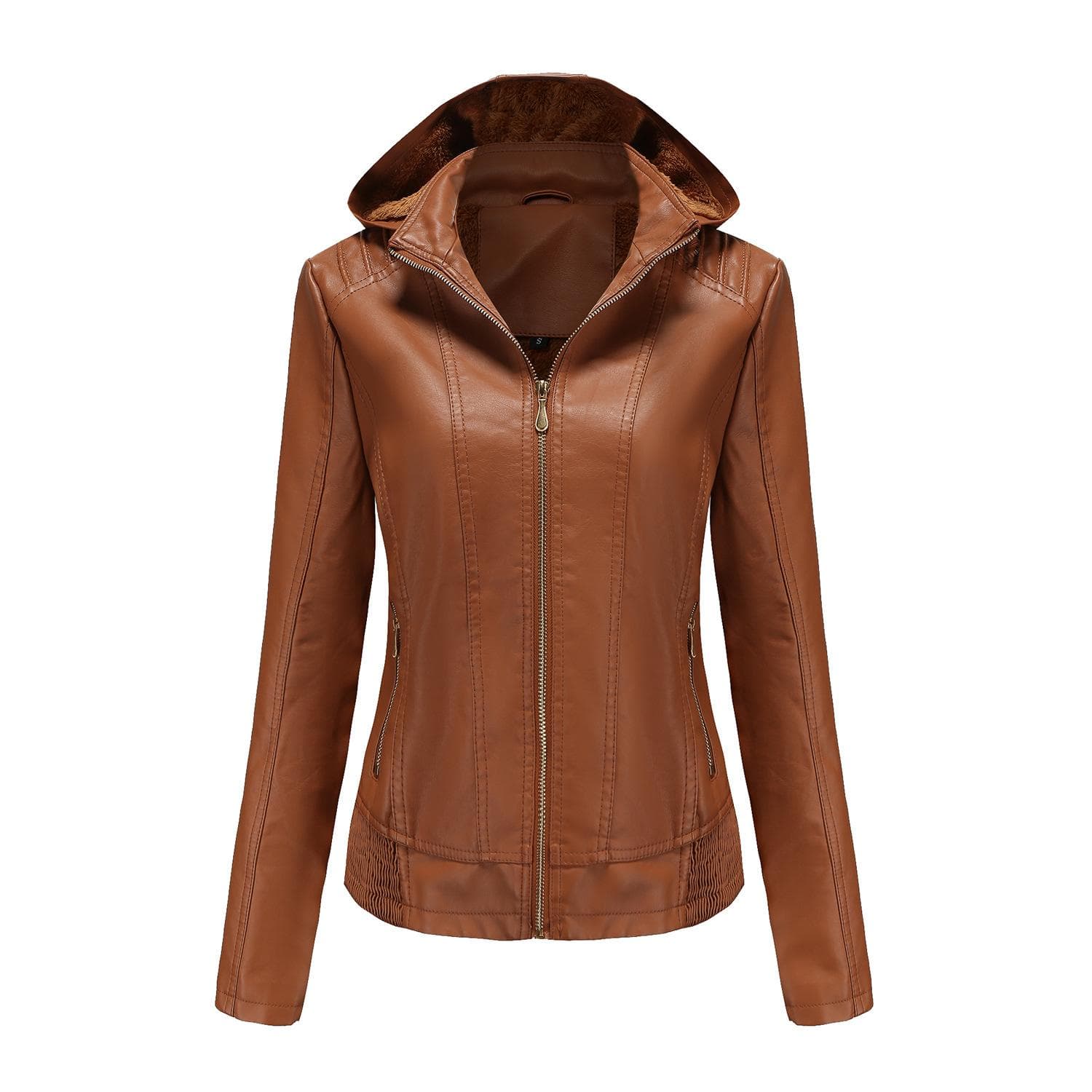 Autumn and Winter Hooded Leather Jacket for Women with Detachable Hood, Zipper, Long Sleeves, Fleece Leather Jacket, European Size Slim Coat S