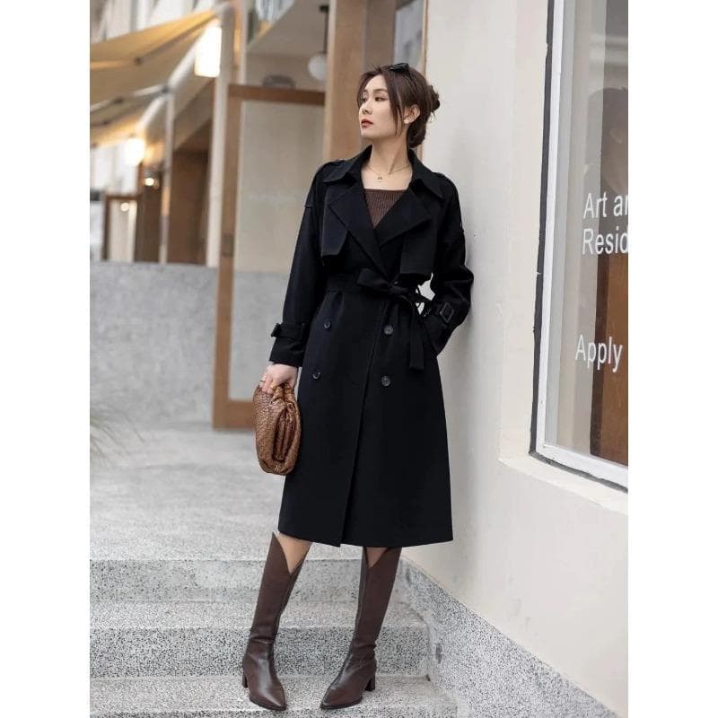 Over-the-knee Windbreaker Women's Spring and Autumn New Style Double-breasted Mid-length Loose Coat Korean Style 2XL