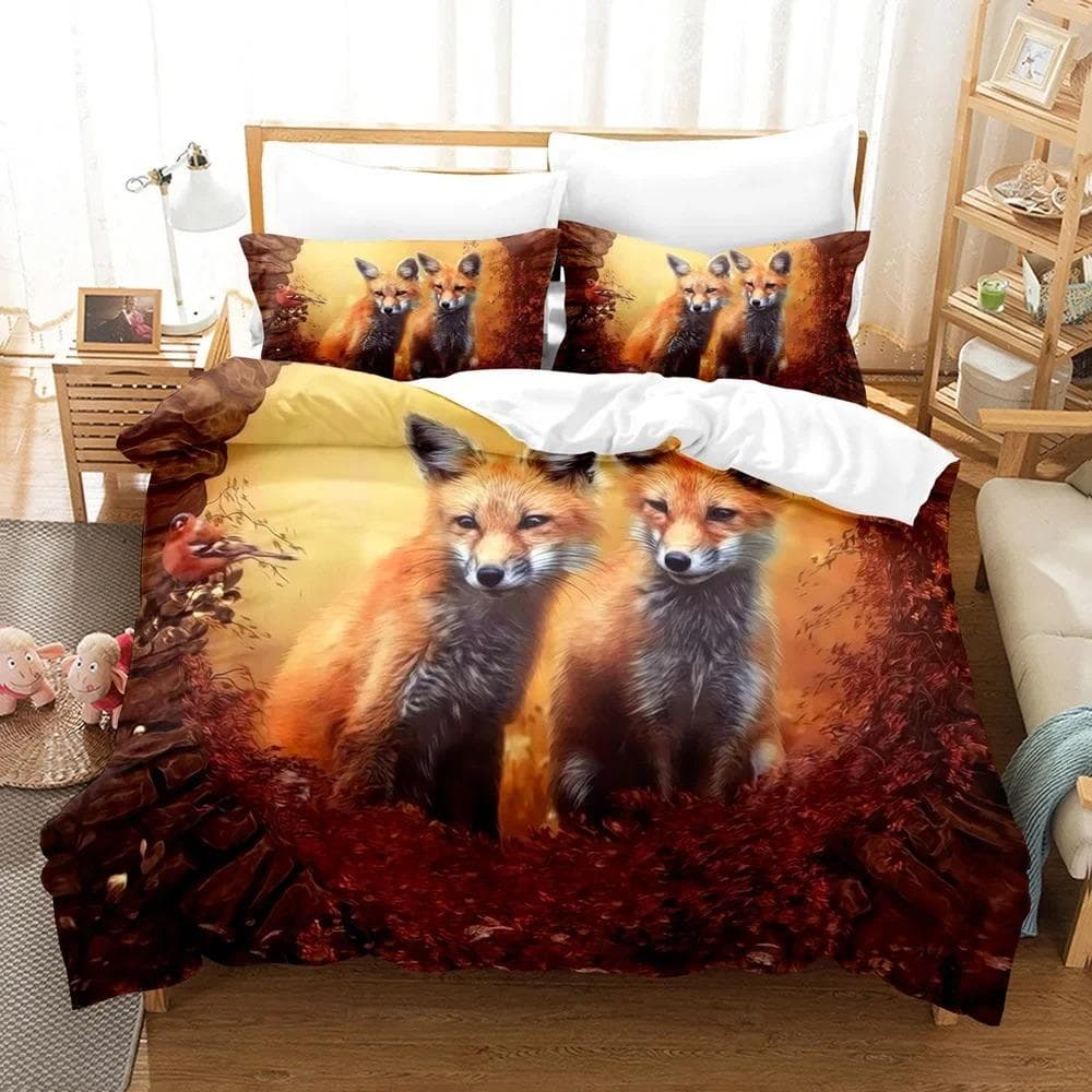 Cartoon Fox Bedding Set Cute Fox with Flower Feather Headband Duvet Cover Twin Full Queen King Polyester Duvet Cover Girls Boys AU Single 140x210cm