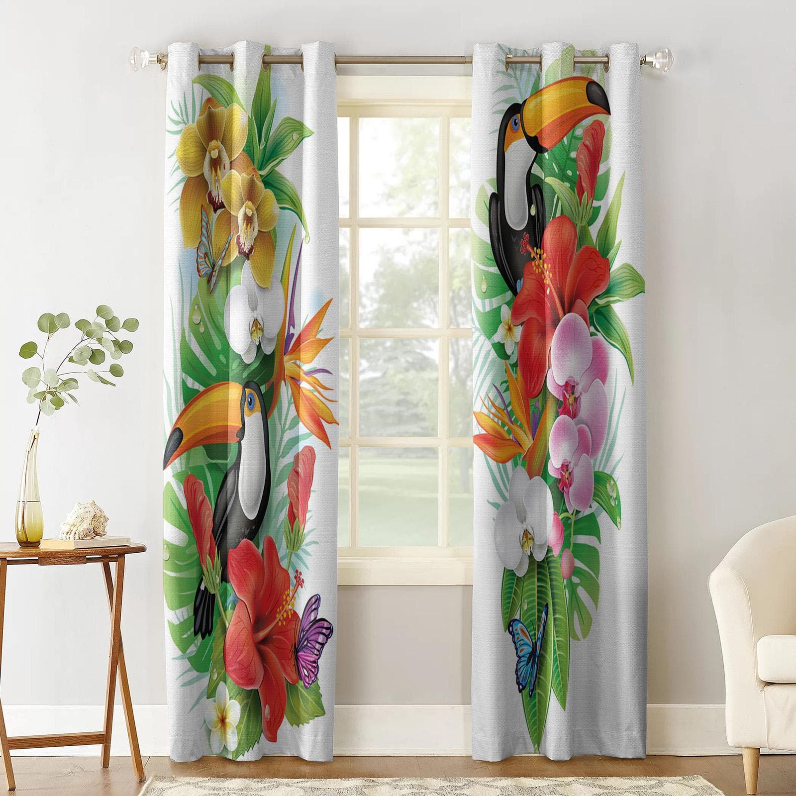 Animal Warbler Bird Tropical Flower Window Curtains Home Decor Living Room Curtains Kitchen Drapes Panel Curtains for Bedroom 135W x 60H(cm)