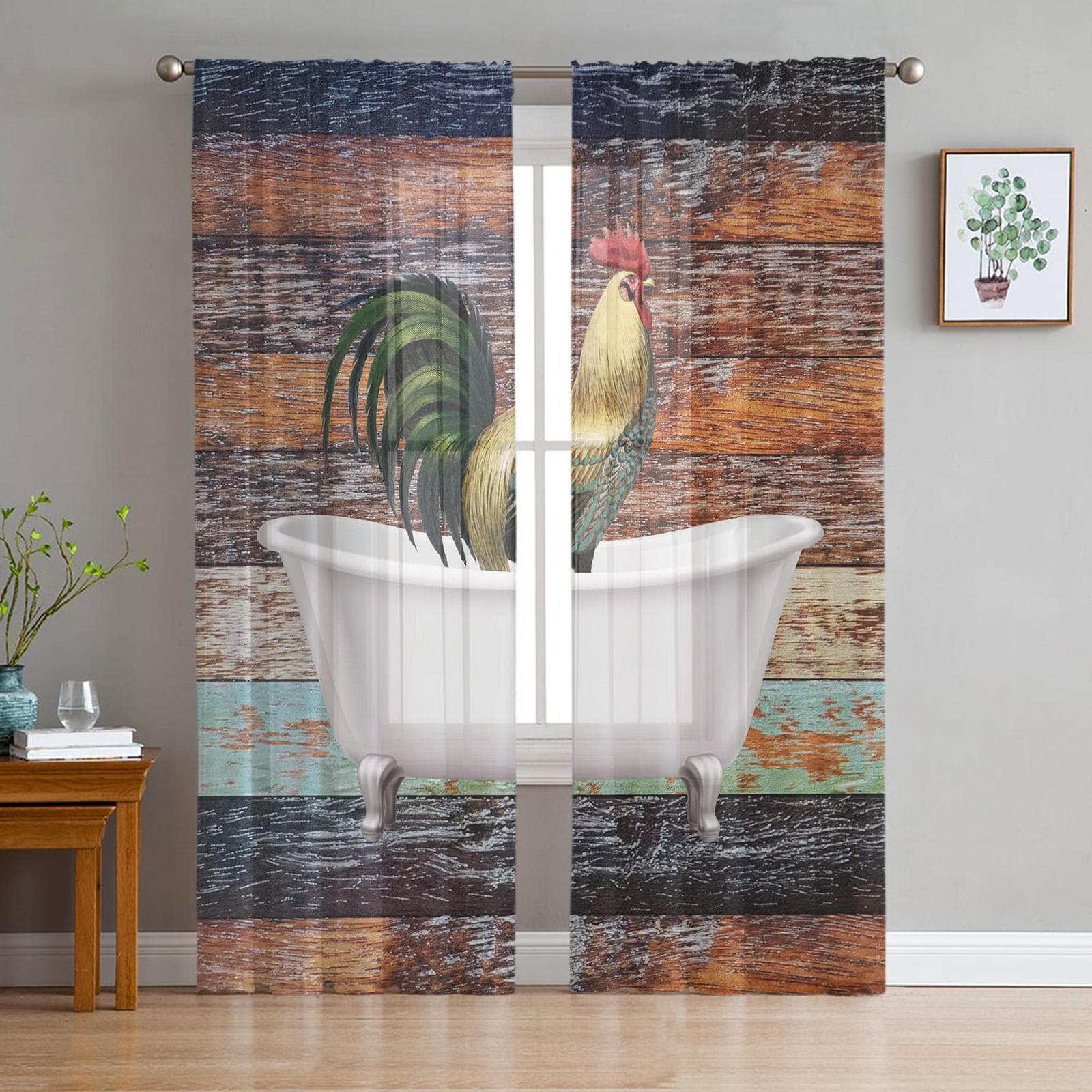 Luxury Tulle Curtains Rooster Farm Pattern Living Room Kitchen Chiffon Curtain Youth Bedroom Sheer Floor Valance Curtain 135W x 114H(cm)
