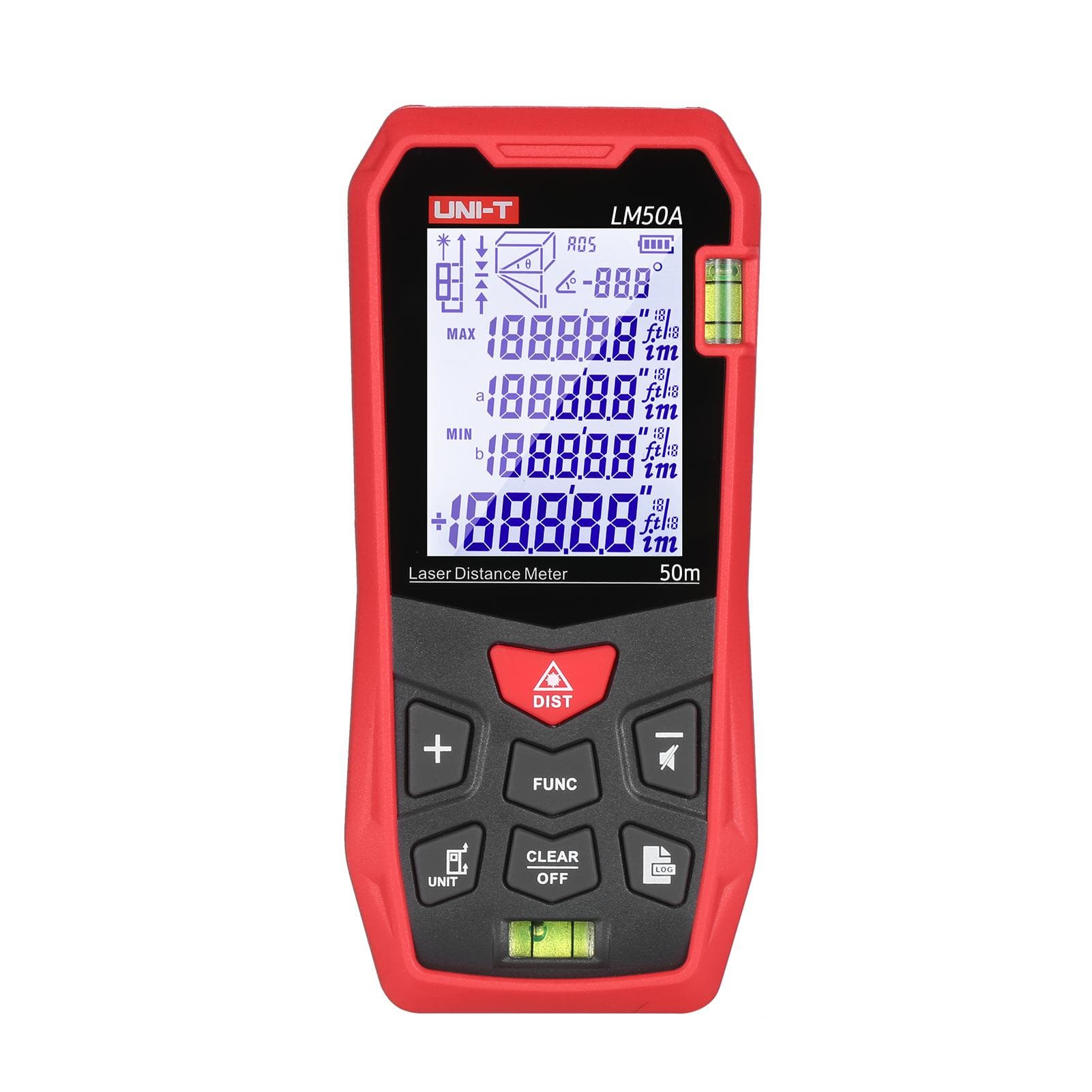 UNI-T LM50A Laser Distance Measure Meter 50M with 2 Bubble Levels LCD Backlit Display Pythagorean 50m range red black