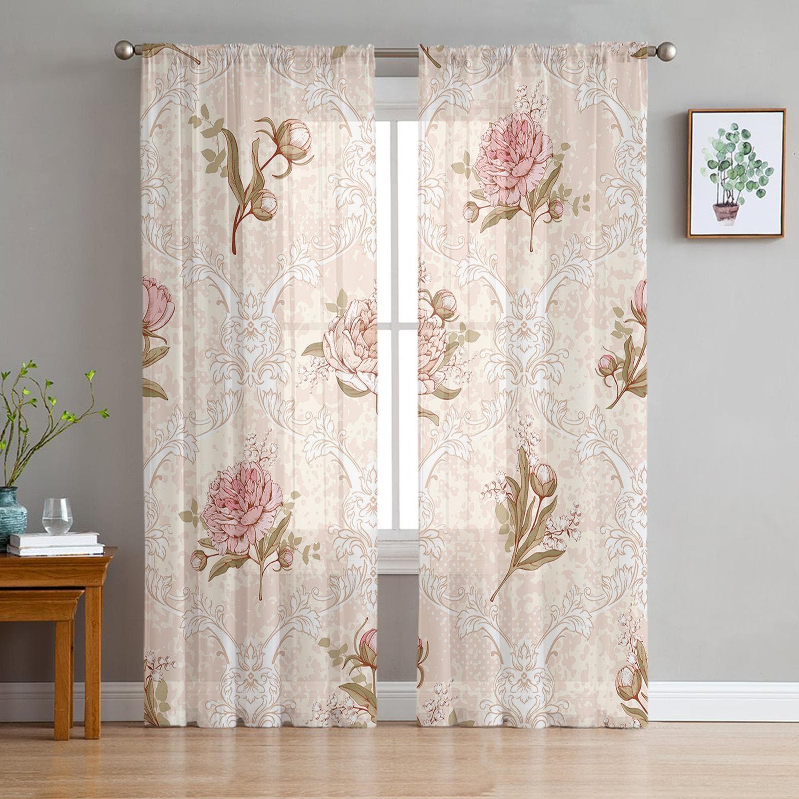 Flowers Foliage Dahlia Vintage Voile Sheer Curtains Living Room Window Chiffon Tulle Curtain Kitchen Bedroom Drapes Home Decor 135W x 114H(cm)