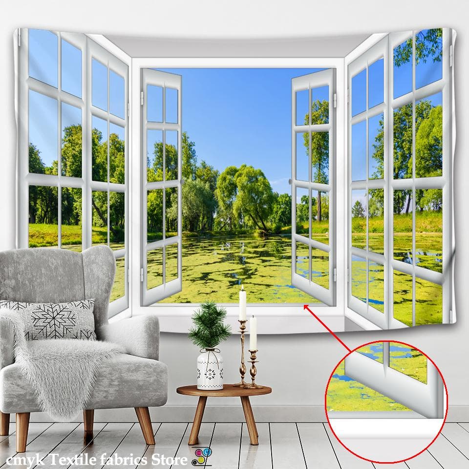 3D Landscape Painting Outside The Window Wall Tapestry Psychedelic Witchcraft Nordic Style Home Decoration Painting Wall Hanging 275x180CM