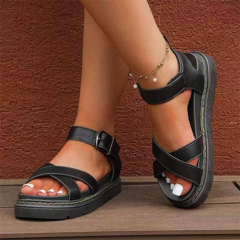 women's Summer New Fashion Open Toe Simple Solid Color Women's Shoes Casual Leather Flat Anti-slip Womens Sandals Large Size 43