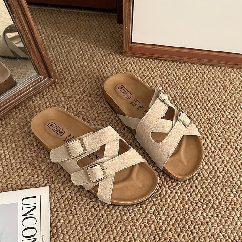 Summer Open Toe Women Flats Slippers Shoes Fashion Cross Buckle Outdoor Beach Vacation Ladies Slides 35 beige