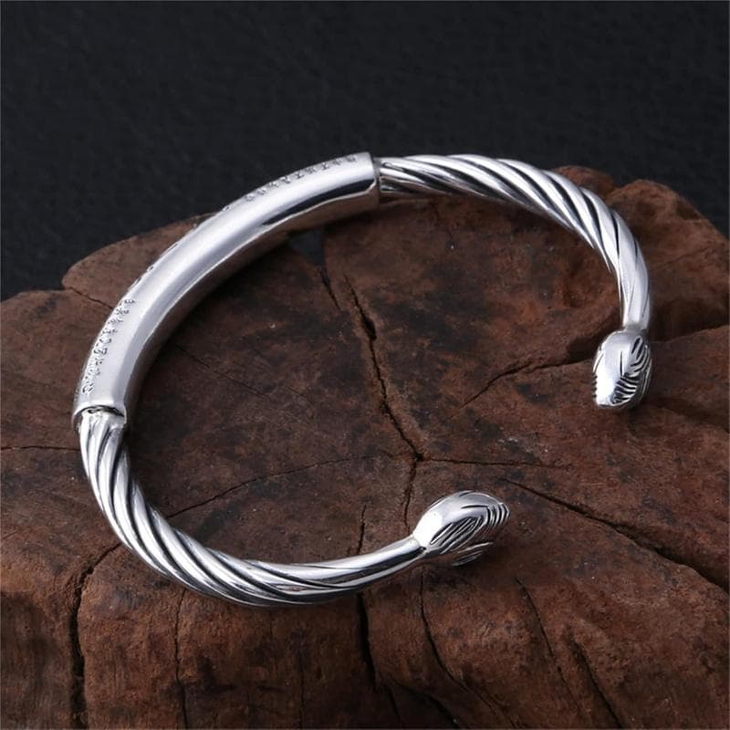 Sterling Silver Personality Retro Six-Character Mantra Leather Bracelet Woven Men'S Bracelet silver