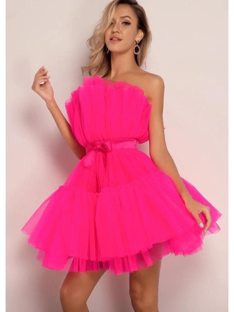 WT2025 Elegant Mesh Tulle Bow Dress Medium rose red