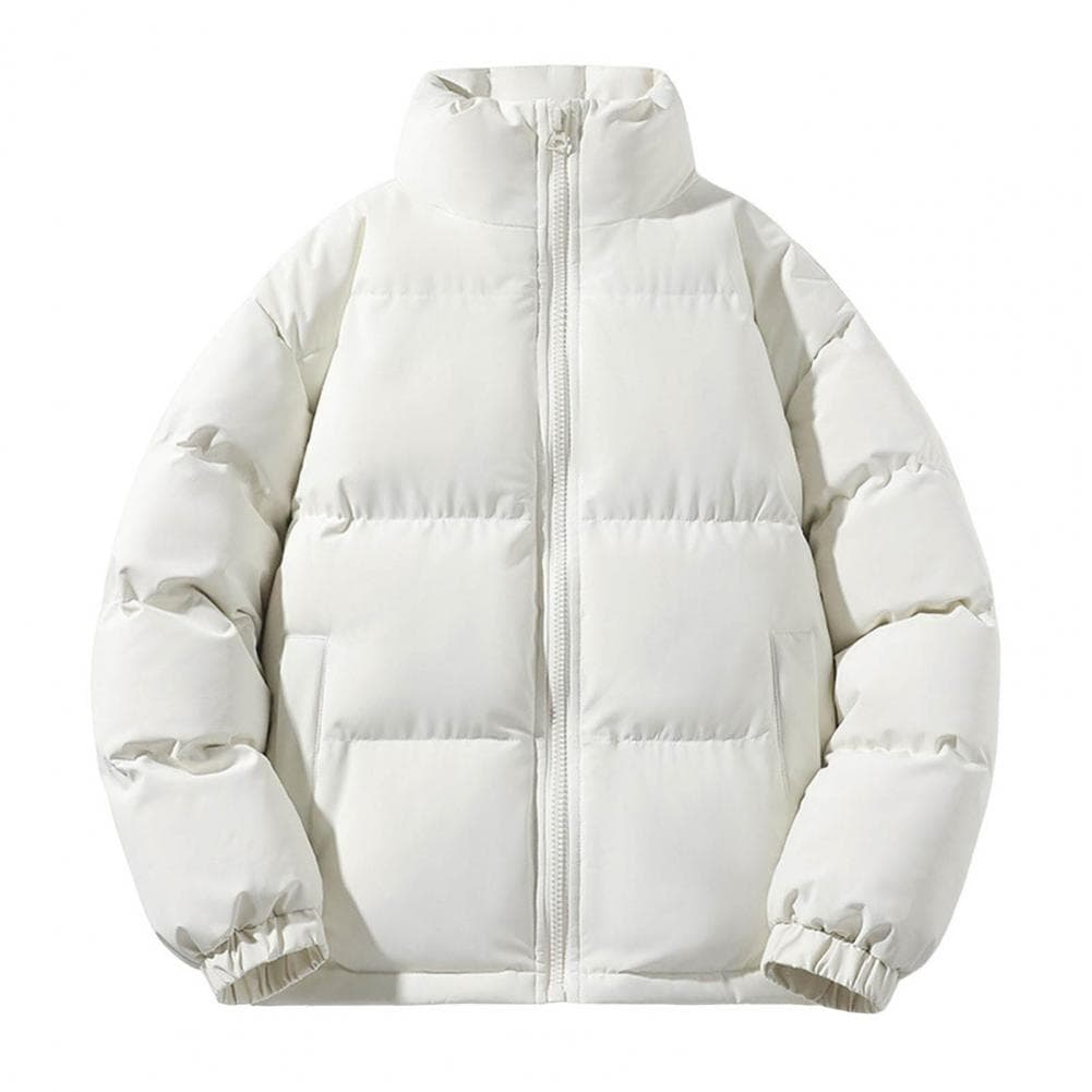Men Cotton Coat Stand Collar Long Sleeve Zipper Placket Jacket with Pockets Solid Color Thickened Warm Quilted Outwear XL white