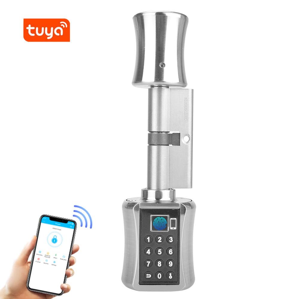 Smart Cylinder Lock With Tuya APP Keyless Electronic Fingerprint Door Lock BT Wifi Digital Password 4 silver
