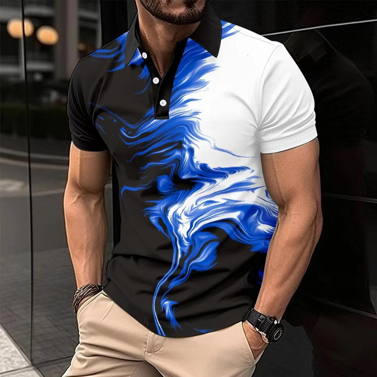 New summer men's casual lapel short-sleeved polo shirt 3D digital printing fashion loose T-shirt tops XL blue