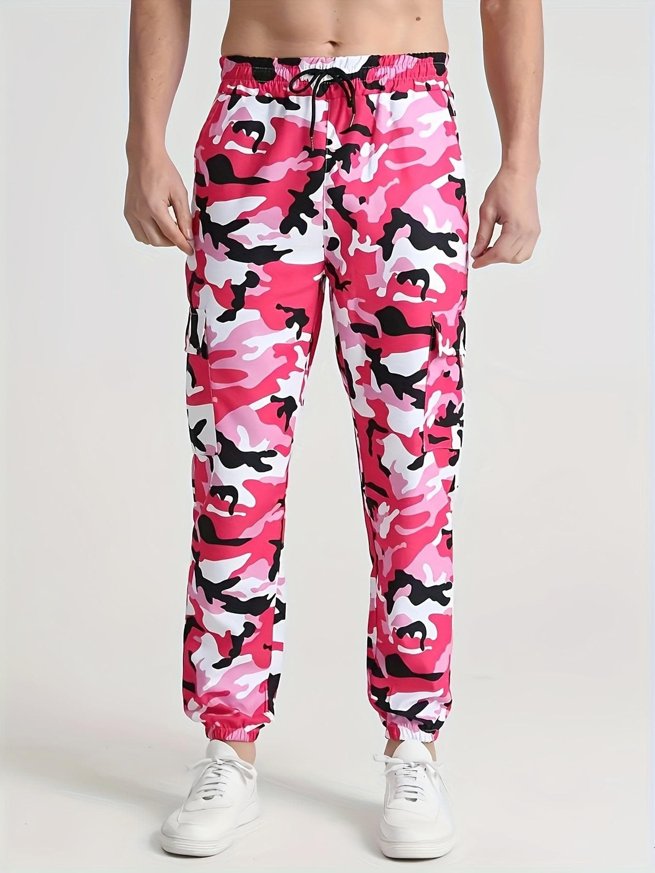 Men's Stylish Comfy Camouflage Pattern Joggers Pockets Slim-fit Drawstring Bottom Hiking Jogging Cycling Outdoor Pants XXL pink