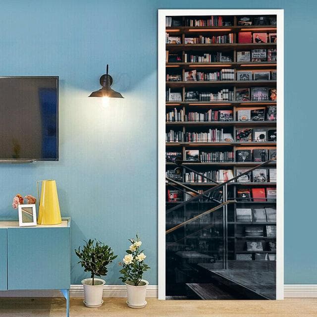 Wooden Bookshelf Door Stickers Spiral Staircase Library Retro Literature Art Bookstore Decor Renovation PVC Wallpaper Sticker 40x120cm