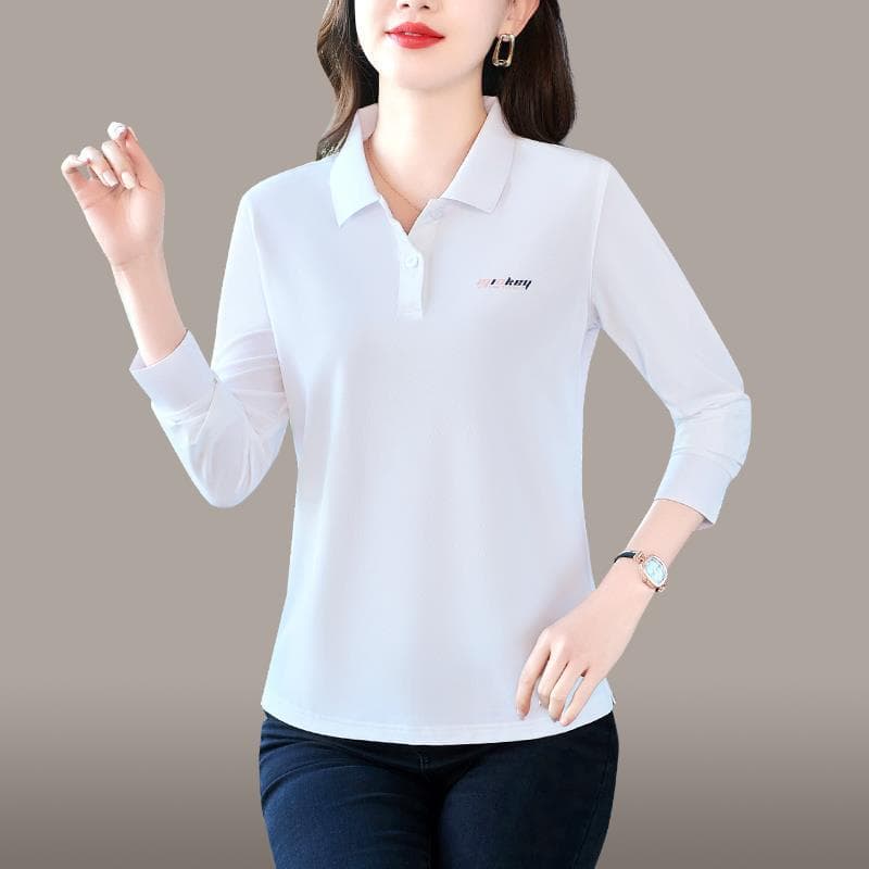 Long-sleeved T-shirt for Women Thin Style Mother Autumn Ice Silk Top Middle-aged Women Lapel T-shirt Polo Shirt L