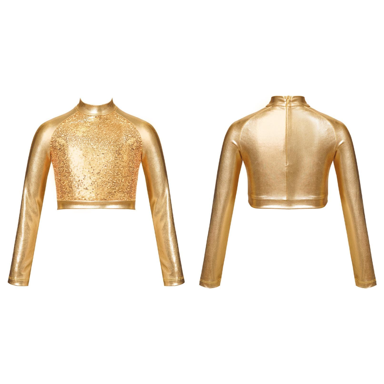 Kids Girls Shiny Metallic Hip Hop Dance Crop Top Sequins Long Sleeve T-Shirt Jazz Ballet Modern Dancewear 9-10 Years gold
