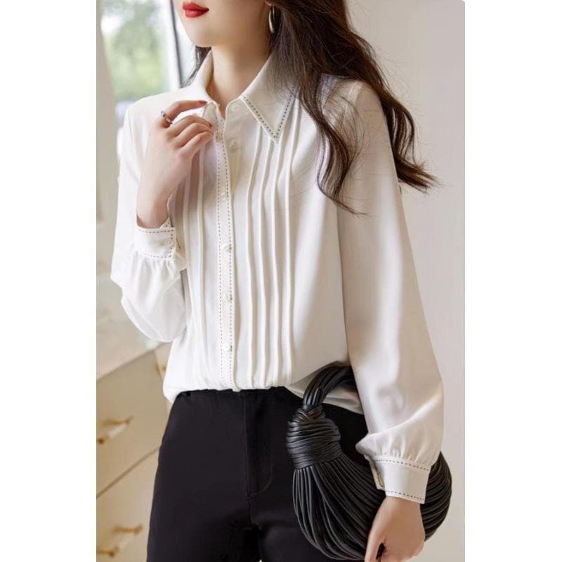 White Vertical Striped Pleated Long-sleeved Shirt for Women Loose Temperament Simple Design Niche Shirt Top for Women S