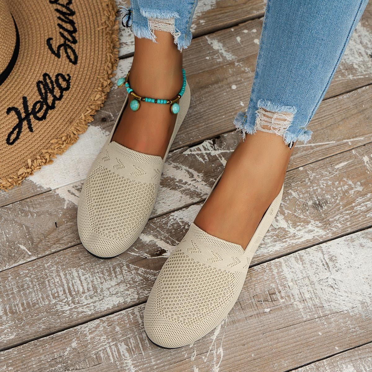 NEW Women's Flat Round Toe Knitted Shoes, Women's Solid Color Slip on Walking Mesh Shoes, Breathable Daily Ladies Shoes Footwear 40 beige