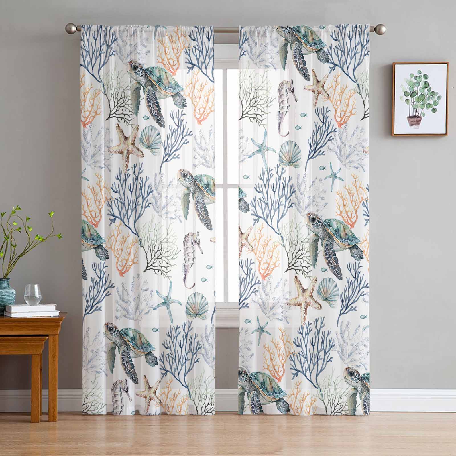 Summer Ocean Retro Watercolor Tulle Window Curtains for Bedroom Luxury Home Decor Drapes in Living Room Chiffon Panels 135W x 114H(cm)