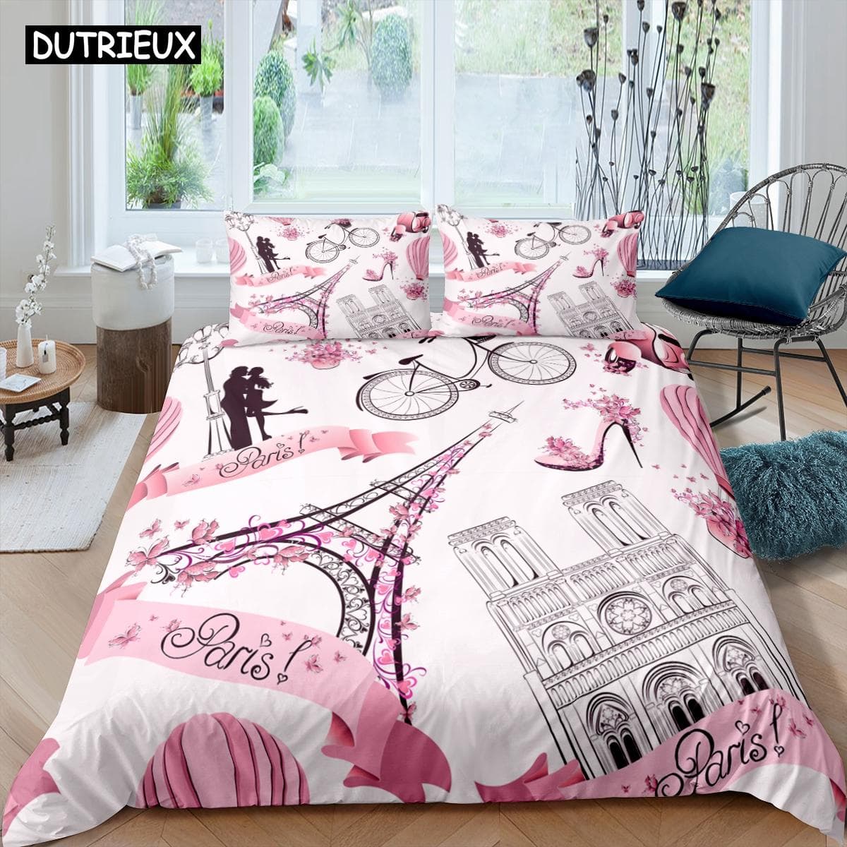 Pink Eiffel Tower Bedding Set Paris Fashoin 3D Print Comforter Luxury Queen King Single Size Duvet Cover Set Home Textile Decor EU single(135x200cm)
