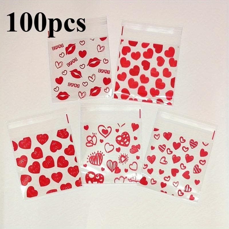 Gift For Her/Him 100pcs Valentine'S Day Heart Gift Bags 5-in-1 Red Hearts and Lips Patterns, Transparent Self-Adhesive Design for Weddings Candy Bag