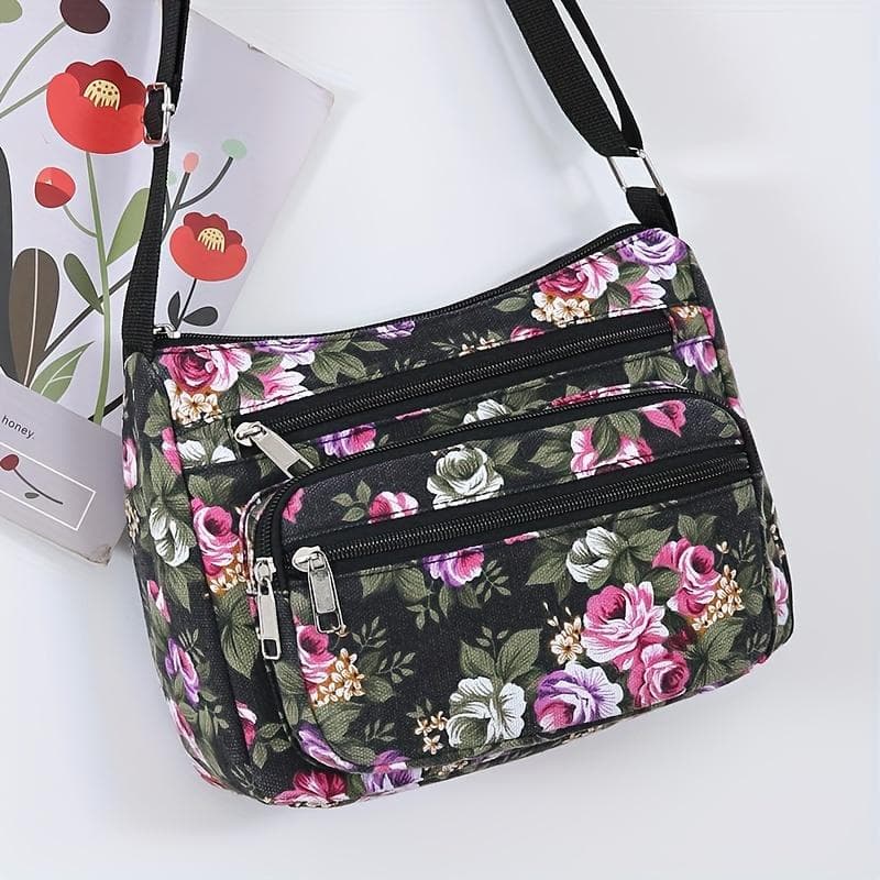 [Customer Favorite] Chic Floral Canvas Crossbody Bag for Women - Spacious Shoulder Purse with Adjustable Strap, Zip Closure, and Polyester Lining black