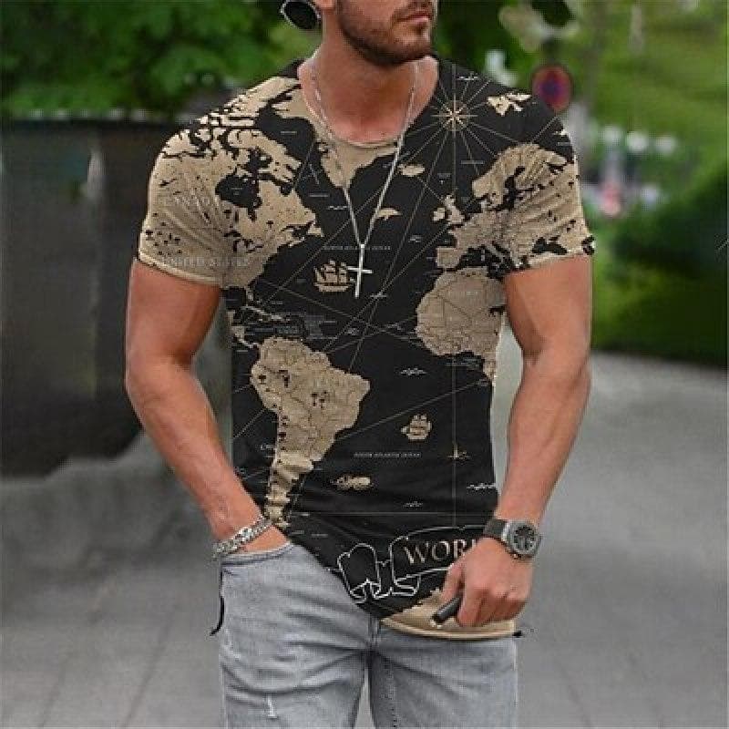Map Vintage Mens 3D Shirt For TravelYellow Summer Men'S Tee Graphic Prints Round Neck 3D Daily Holiday Short Sleeve Clothing S
