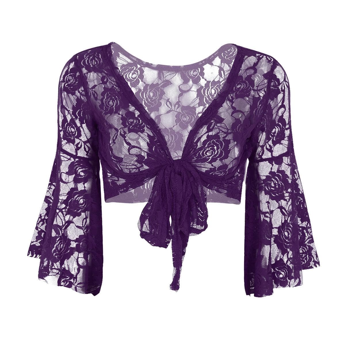 Elegant Women Lace Wedding Party Long Flare Sleeves Shrug Cropped Jacket Shrug For Evening Formal Prom Bolero purple