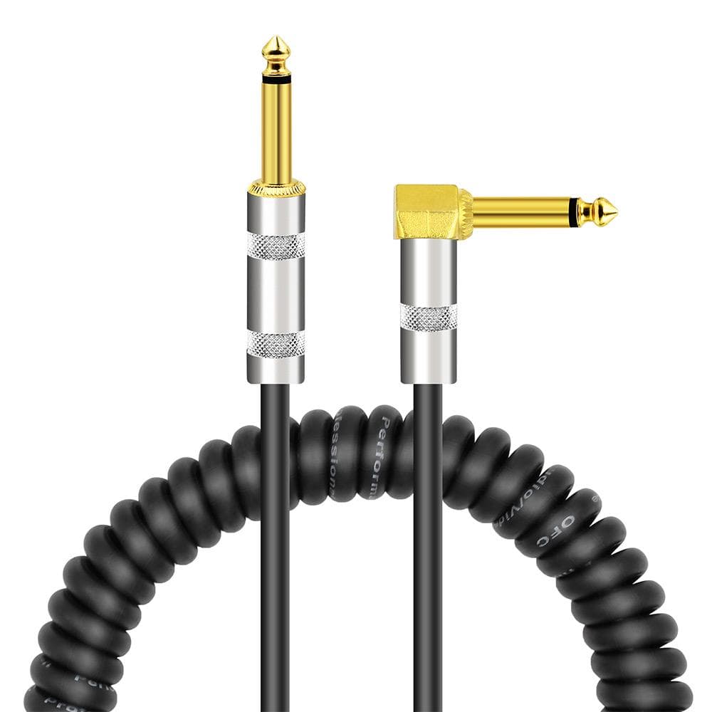 Curly Musical Instrument Audio Guitar Cable Cord 1/4 Inch Straight to Right-angle Gold-plated TS