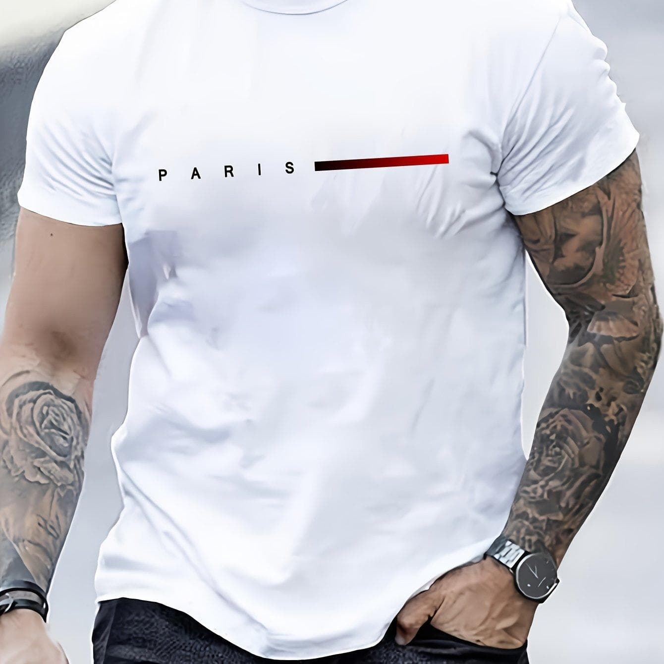 Men's 100% cotton summer loose PARIS Creative Letter print casual slim fit round neck short sleeved T-shirt top L