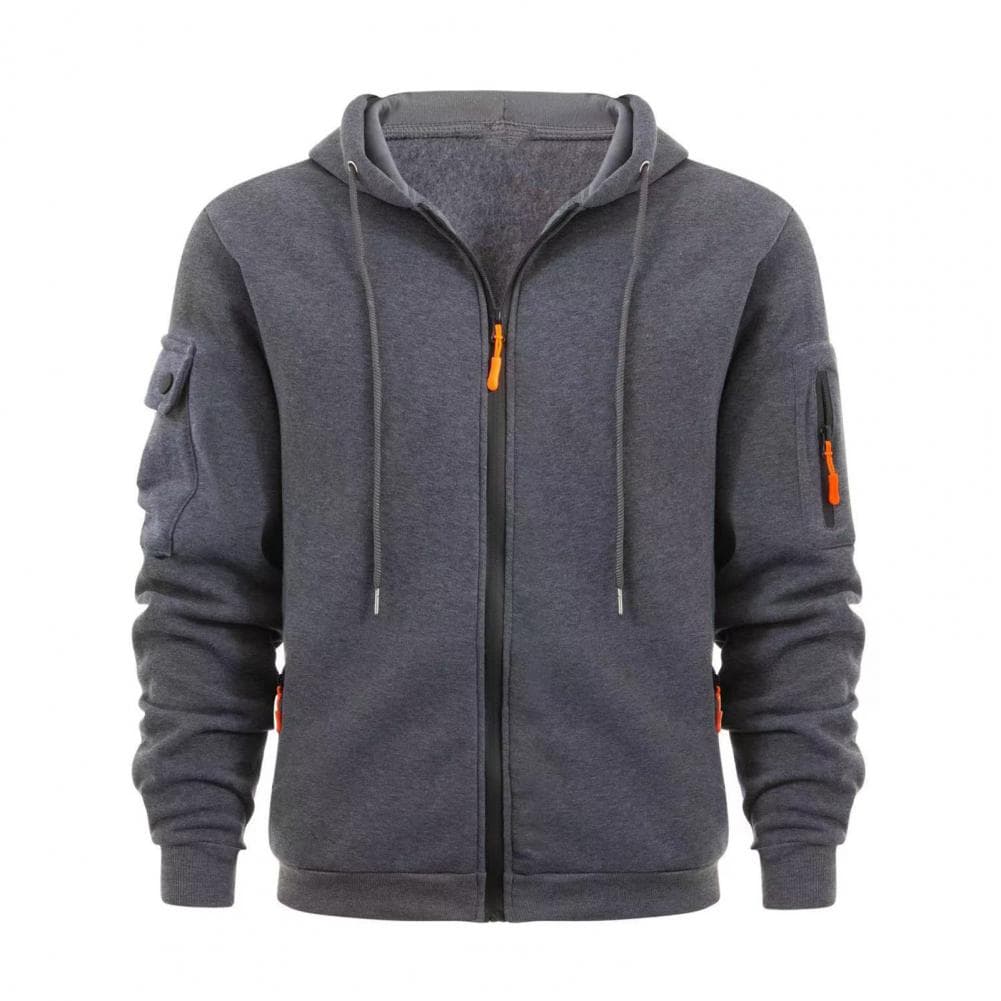 Men Hooded Jacket Stylish Men's Hooded Coat with Plush Lining Multi Pockets Zippered Design for Warmth Comfort in Daily Wear M grey