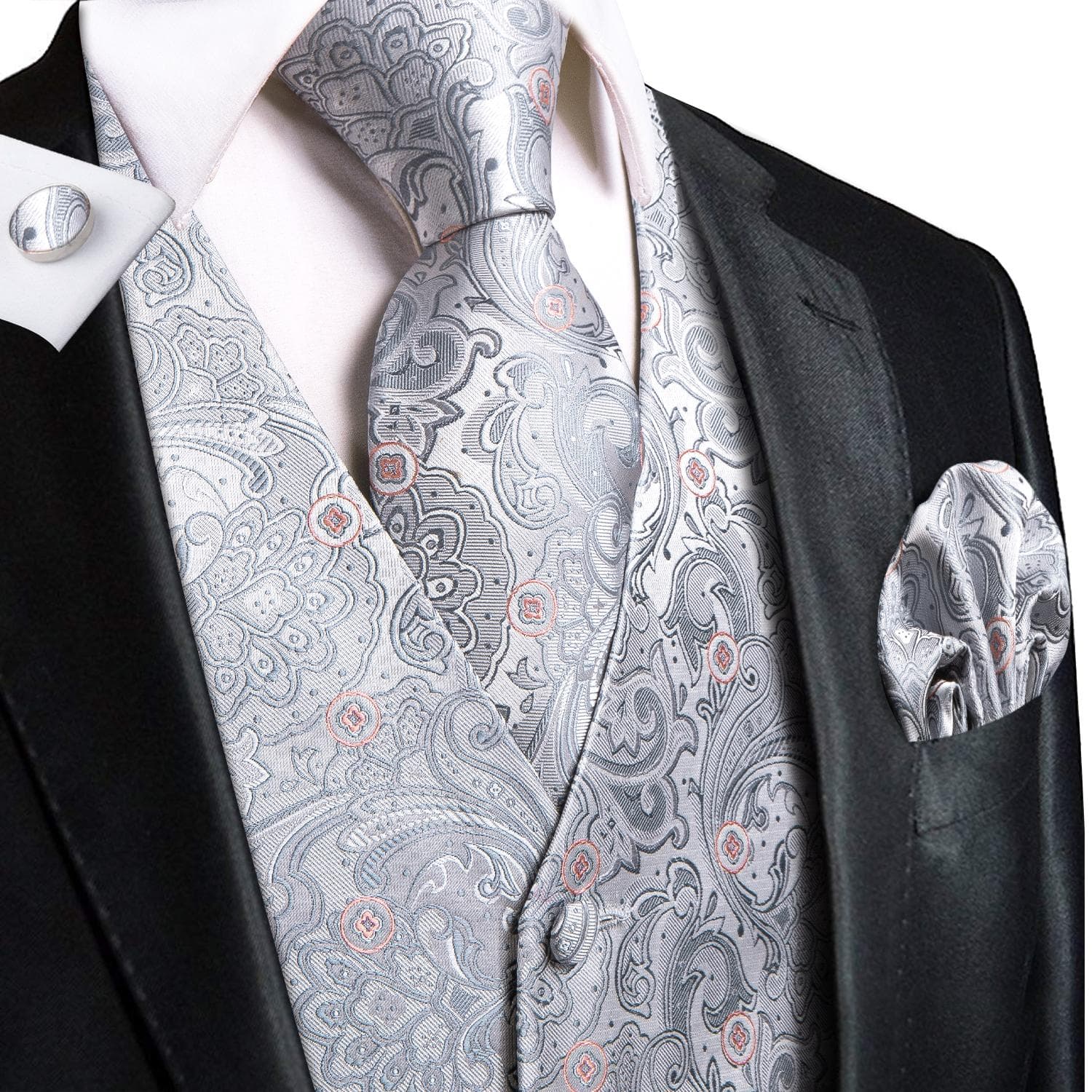 Hi-Tie Tuxedo waistcoat for Men Suit Vest Necktie Handkerchief Cufflinks Set for Wedding Business S