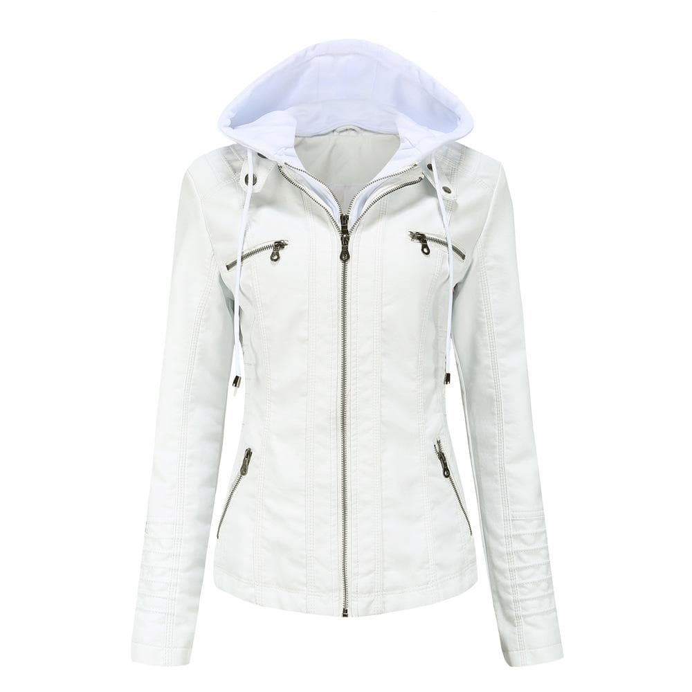 Women'S PU Leather Hooded Jacket with Two Detachable Hoods Suitable for Spring and Autumn Seasons Women'S Casual Jackets Motorcycle Clothing XXXXL white
