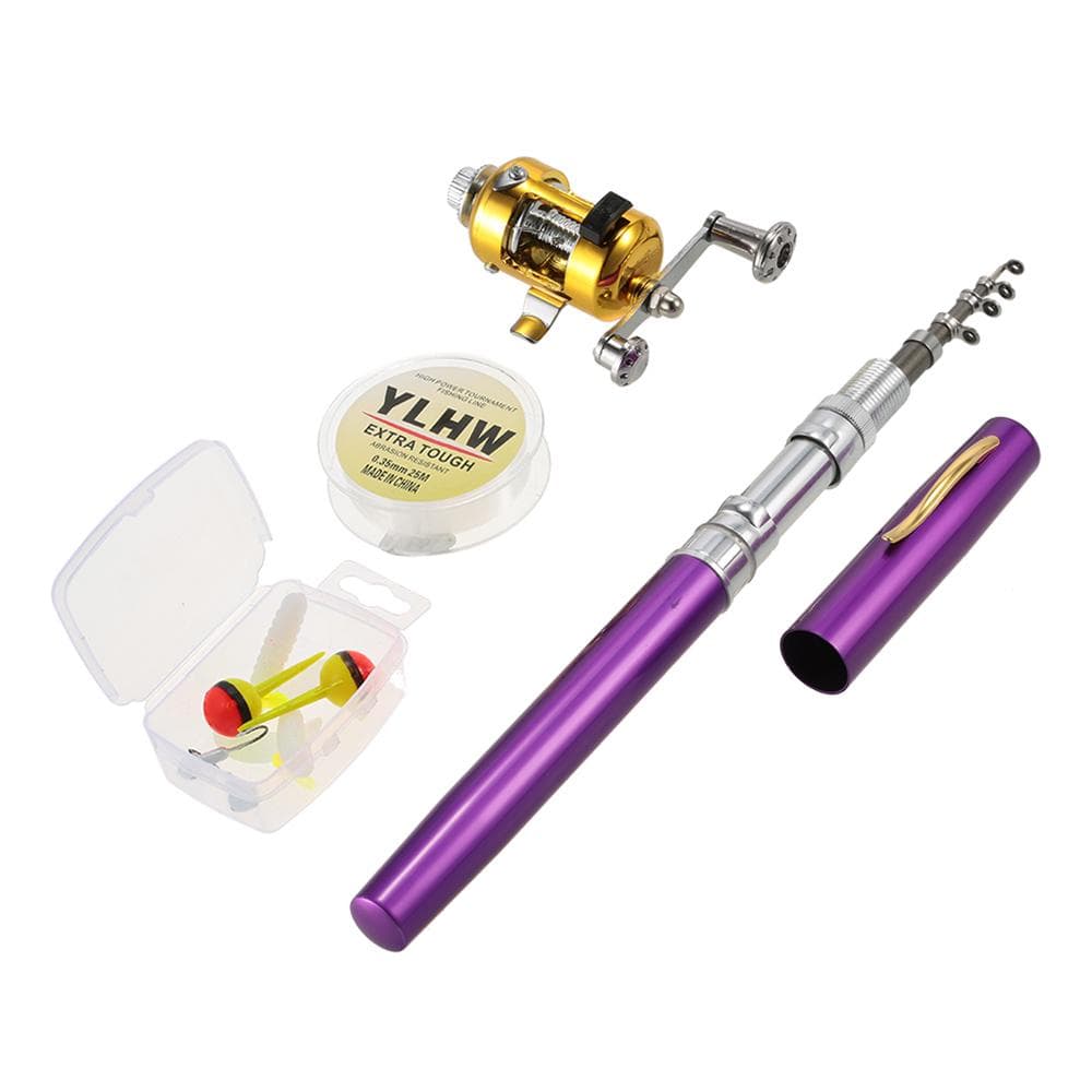 Fishing Rod Reel Set Telescopic Portable+Fishing Line Lures Baits Jig Hooks purple