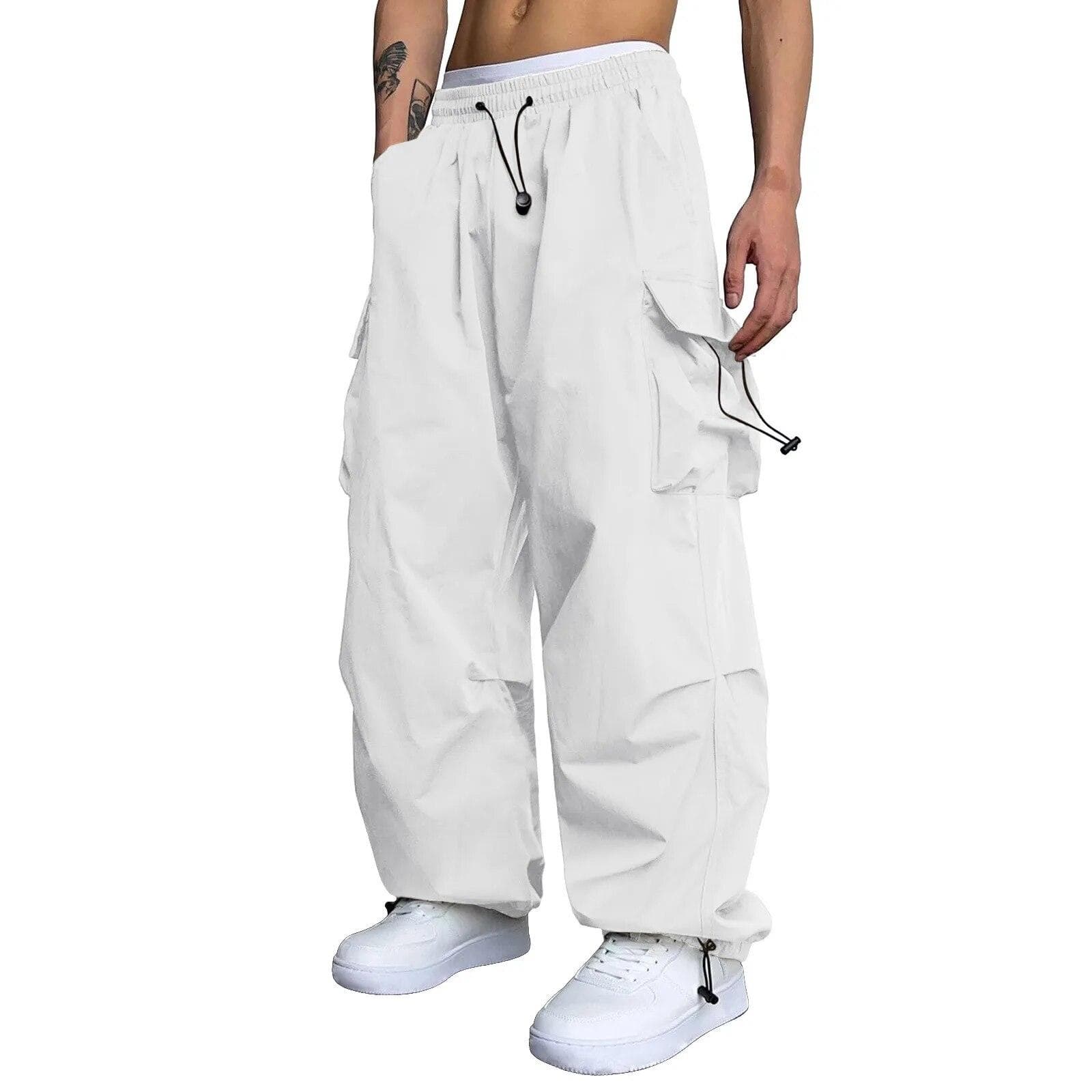 Streetwear Summer Cargo Pants Men Multi-pocket Harajuku Fashion Casual Men's Jogger Pants Wide Leg Loose Hip Pop Pants M white