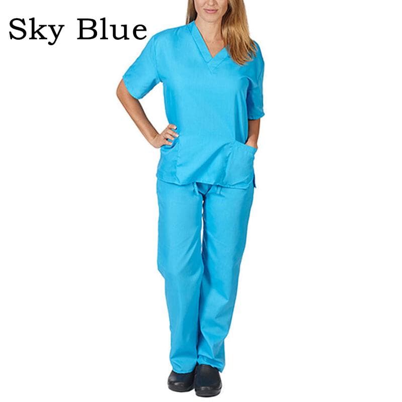 Two Piece Set Scrub Suit Nursing Uniform Set Tops+Pants V-neck Short Sleeved Fast-drying Suits S sky blue
