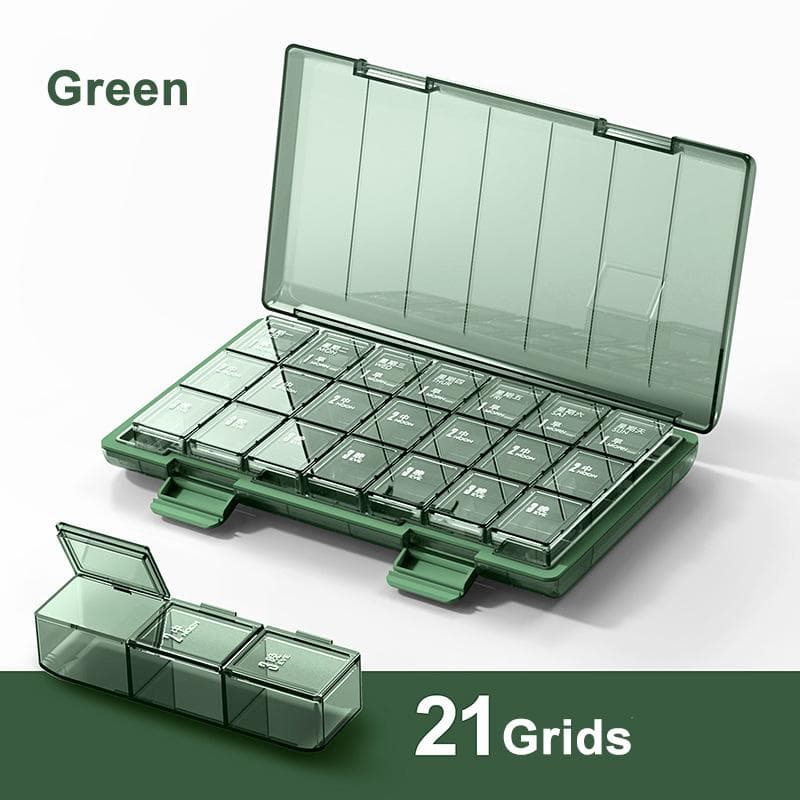 21 Grids Portable Weekly 7 Days Pill Case Colorful Design Stackable Medicine Storage Dispenser Plastic Pill Organizer Box green