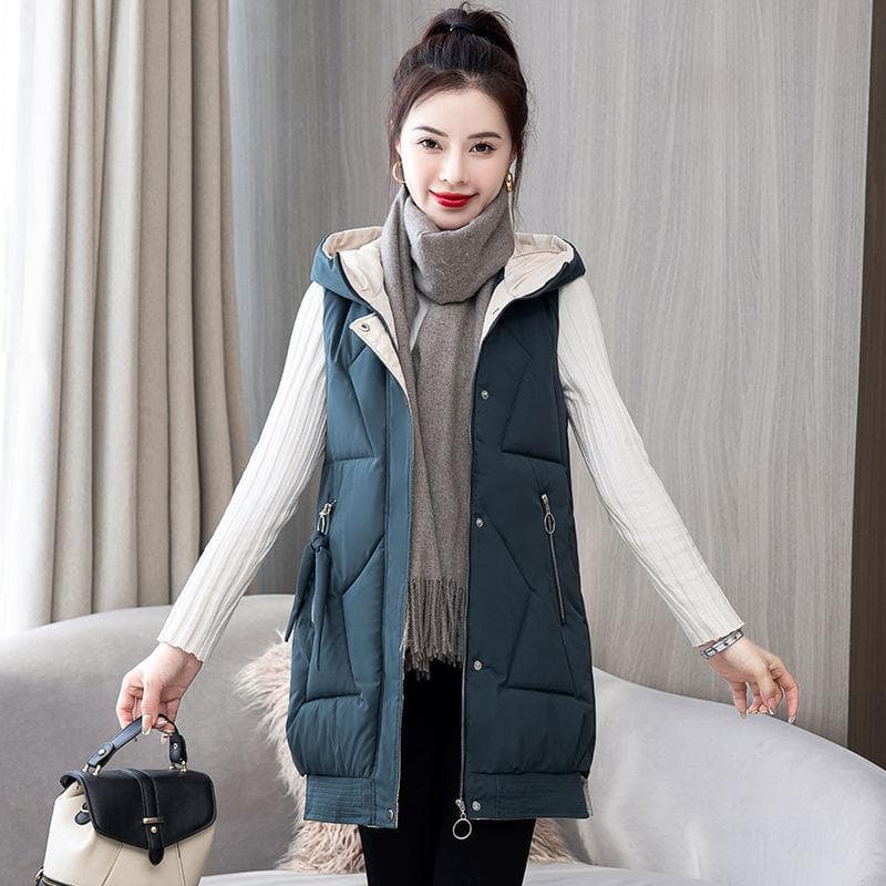 Autumn and Winter Women's Solid Color Hooded Warm and Windproof Mid-length Women's Sleeveless Jacket 9 Colors L blue