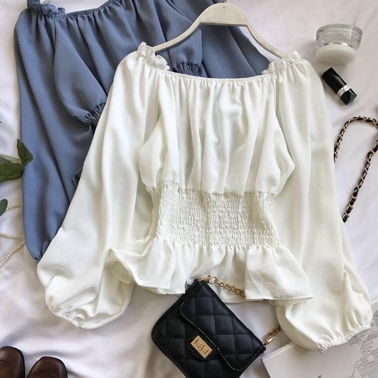 Chiffon Blouse Off-shoulder Long-sleeved Shirt Korean Waist Slimming Load Blouses Short Bottom-up Tshirt Women Puff Sleeve Top XL white