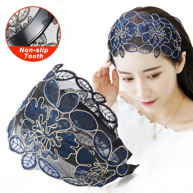 Lace Flowers Headband Wide Women Hair Hoop Head Bands Toothed Non-slip Elastic Hairband Bezel Hair Accessories Headdress