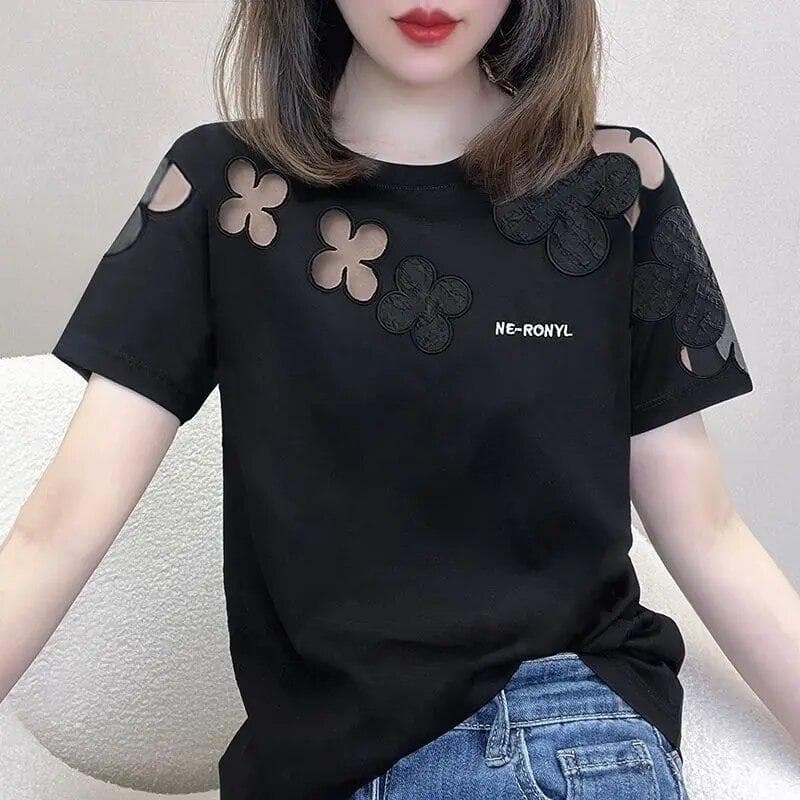 Women Elegant O-Neck Short Sleeve T-Shirts Summer Fashion Solid Color Lace Hollow Out Ladies T-Shirts Casual Loose Tee Shirt Plus Size XXXXL black