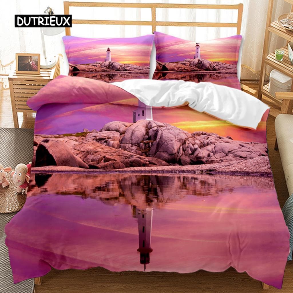 Lighthouse Duvet Cover Ocean Comforter Cover Nautical Quilt Cover Sunset Nature Double Queen King Size Polyester Bedding Set EU single(135x200cm)