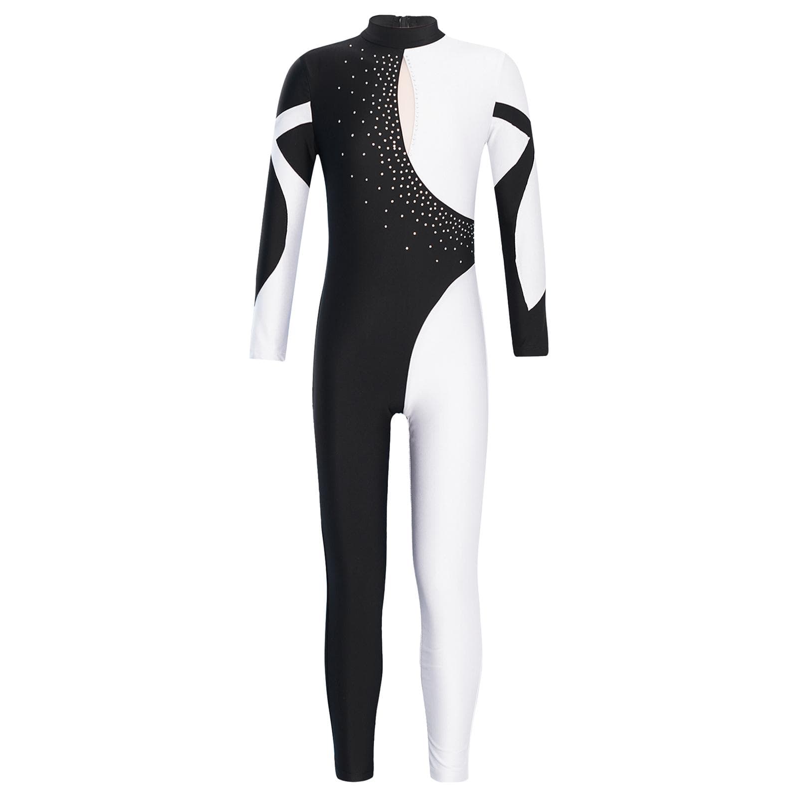 Girls Dance Jumpsuit Long Sleeve Stand Collar Shiny Rhinestone Hollow Back white