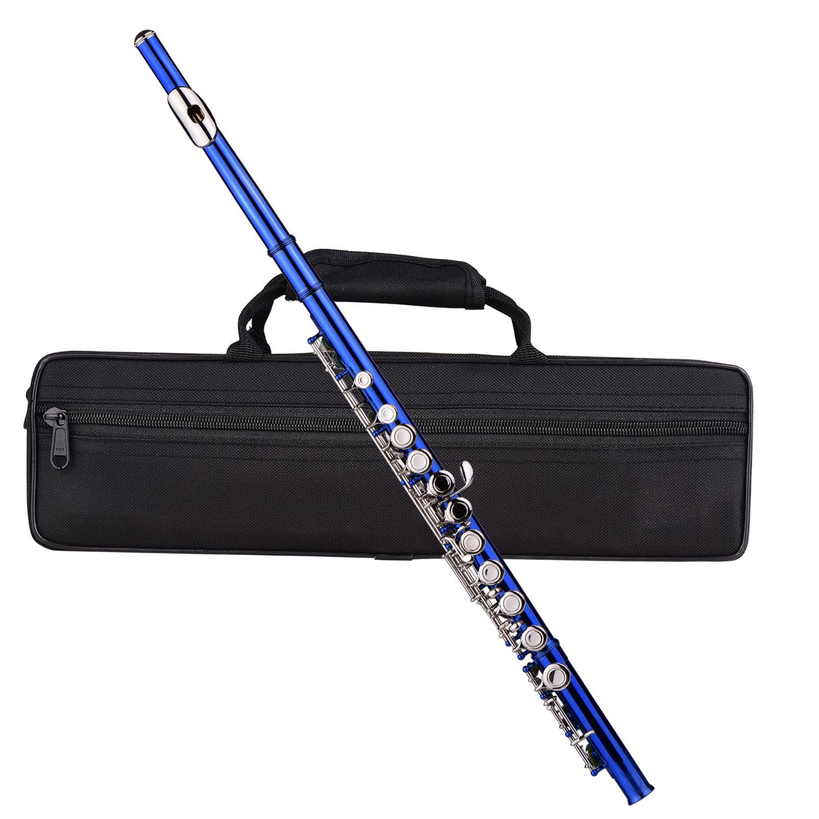 Closed Hole C Flute 16 Keys Cupronickel Nickelplated Wind Instrument with Carry Case Flute Stand Gloves Cleaning Cloth Mini Screwdriver Cleaning Rod dark blue