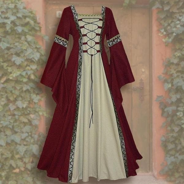 Women's Fashion Vintage Celtic Long Sleeve Medieval Dress Floor Length Renaissance Gothic Dress Cosplay Halloween Costume S wine red
