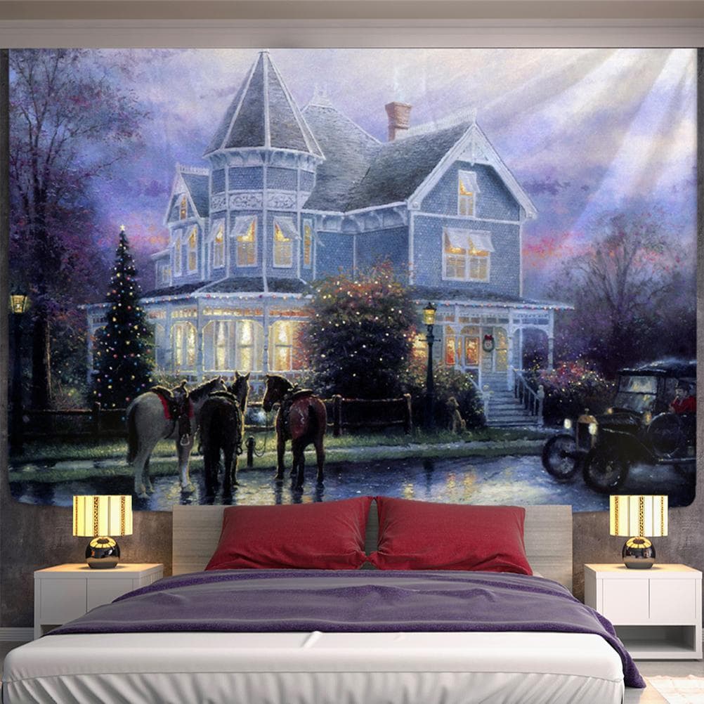 Christmas Woods Tapestry Wall Hanging Holiday Gift New Year Elk Snow Scene Psychedelic Witchcraft Home Decor 150x100 cm