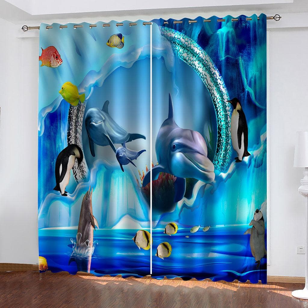 Curtains For Large Windows Of Living Room 3D Underwater Sea Animals 2 Pc High Blackout Perforated Curtains For House Rooms W70xH240cmx2&Rod Pocket