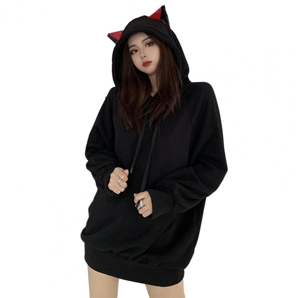Women Autumn Winter Hoodie Cartoon Cat Ear Hooded Drawstring Thick Pullover Loose Solid Color Elastic Cuff Mid Length Warm Lady M black