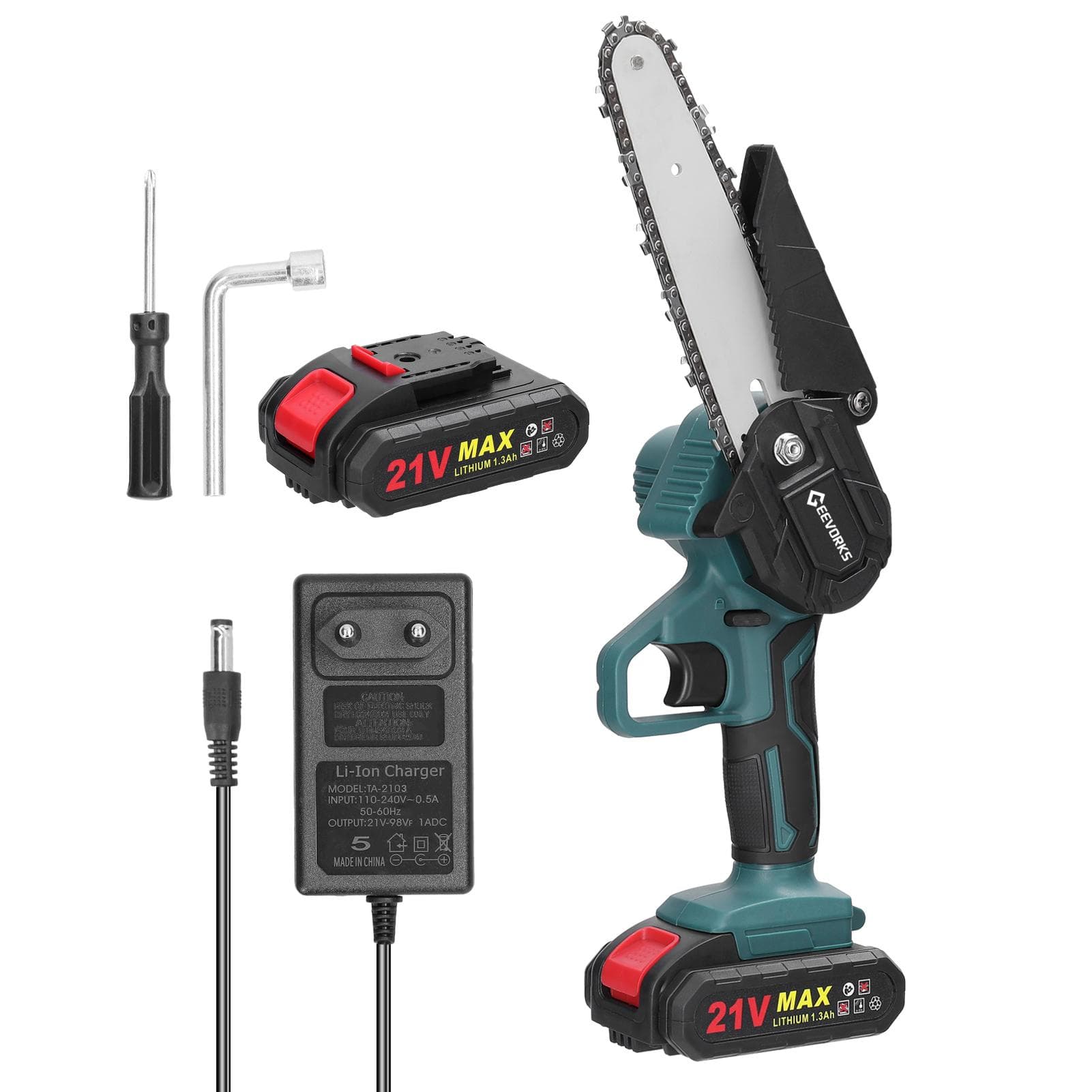 21V 6inch Portable Electric Pruning Saws Rechargeable Small Wood Spliting Chainsaw One-handed (EU) 2pcs 1300mAh battery